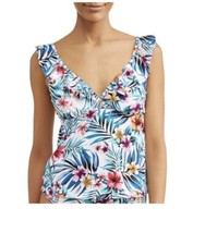 TIME AND TRU WOMEN'S  TROPICAL V-NECK TANKINI SWIMSUIT TOP