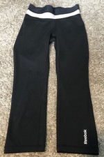 Reebok Black Spell Out Double Waist Band Black Tights Pants Workout Logo Sz XS