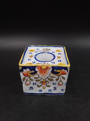 Desvres Square Polychrome Earthenware Inkwell Signed 1886 Gabriel Fourmaintraux