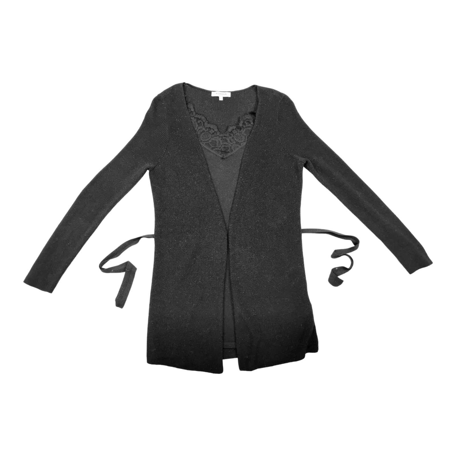Long Dual Layer Glitter Top Cardigan Size L 14 Black Cotton Belt