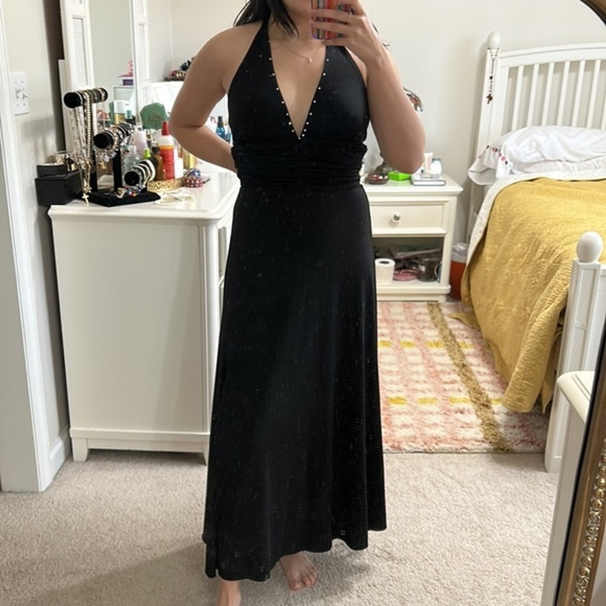 2000s halter dress Black Halter Dress S Y2K 2000s Ruched Sleeveless Flowy Crystal Sleeveless  Silver