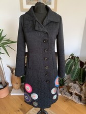 Stunning Rare Desigual Long Black Jacquard A-line Coat Jacket Size Medium 38