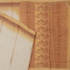 Vintage Cream Sarees 100 Pure Crepe Silk Printed Indian Sari 6YD Craft Fabric
