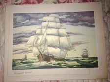 Vtg 1950s Christmas Greeting Card "Homeward Bound" Ship by Artist Rosamond Halle
