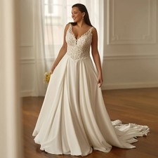 Sexy V Neck Wedding Dress Plus Size Customized Sleeveless Sequined Applique