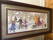 Home Interior Joan Stier family sliding on ice with dog 11.5"X21.5"