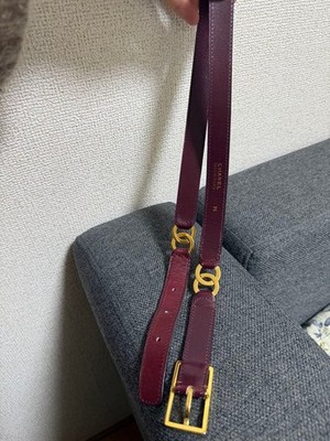 Authentic CHANEL Coco Mark Chain Belt Ribbon Belt Leather Maroon Ladies France CHANEL Belt Burgundy Leather Coco Mark gold buckle Shipped  main image 3