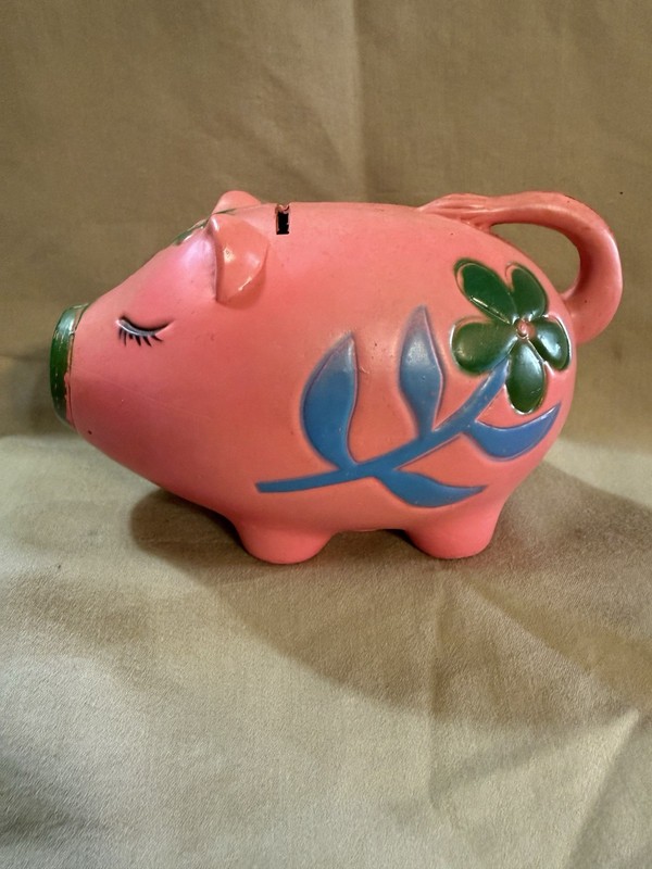 Vintage Plastic Pink Flowered Piggy Bank