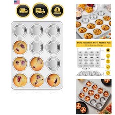 Stainless Steel Muffin Cupcake Pan 12 Cups, Non Toxic  Heavy Duty