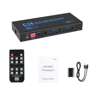 4K 60Hz HDMI Matrix With Optical And 3.5mm Stereo Audio Out Switcher 4 In 2 Out