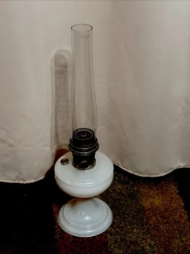 Vintage Aladdin Milk Glass Oil Lamp Tall 24” Stamped Chimney