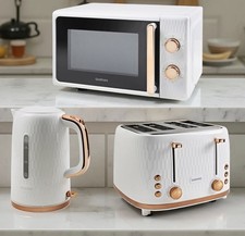 Goodmans Kitchen Set Microwave Toaster & Kettle White, Rose Gold Honeycomb 3pc