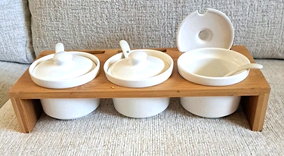 Ceramic 5 oz Condiment Jar Set with Bamboo Rack for Spices and Seasonings