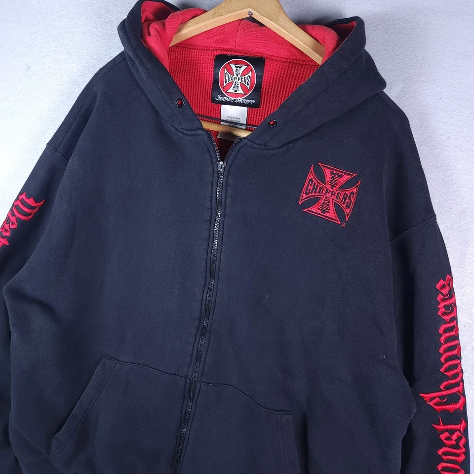 Sudadera con capucha vintage West Coast Choppers para hombre XL forrada con gofres cremallera completa Jesse James Y2K Foto 3 de 4