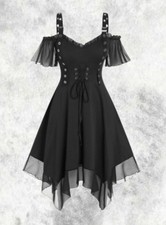 New Black Gothic Corset Waist Front Studded Chiffon Trim Dress size 2XL 20 22 24