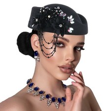 Womens Church Headwear Felt Hat Turban Rhinestones Tassel Beaded Beret Caps Lady