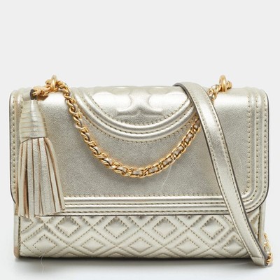 Tory Burch Fleming Small Gold Laminated Leather Shoulder Bags