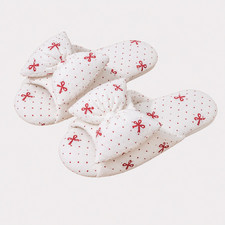 Women's Cotton Bow Slippers Open Toe TPR Anti-Slip Indoor House Shoes Polka Dot