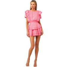 LoveShackFancy Natasha Dress Vivid Pink Cotton Tiered Ruffle Mini Swiss Dot Lace