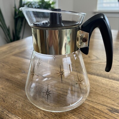 Vintage Corning Pyrex 4 Cup Glass Coffee Pot Carafe Atomic Starburst 1960s W/Lid