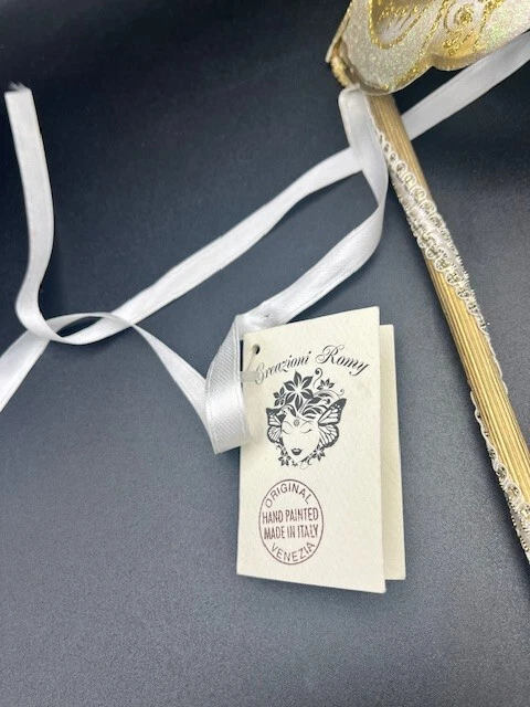 White, Gold & Green Handle Masquerade Mask - Image 3 of 4