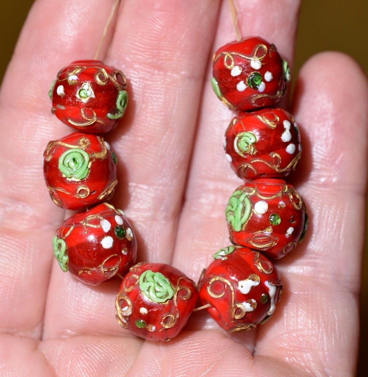Antique Venetian Red Fancy Lampwork Glass Beads Wedding Cake Beads