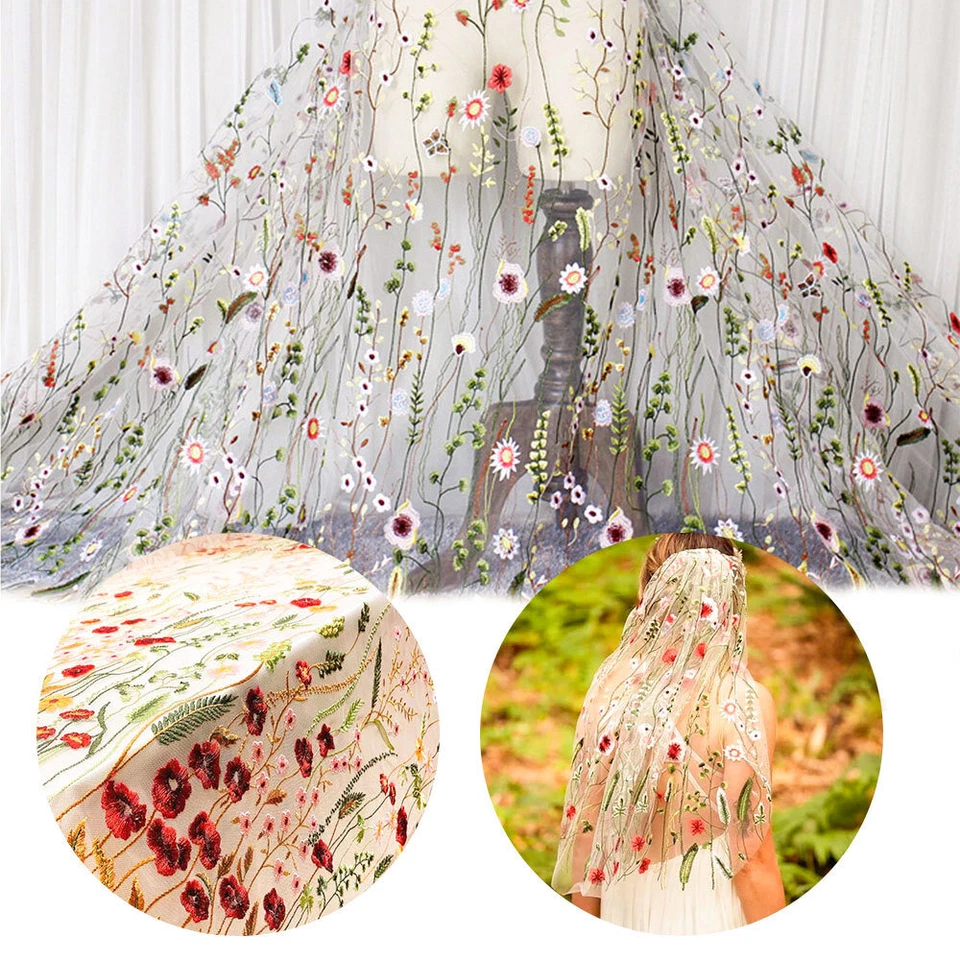 Green Flower Embroidery Lace Fabric DIY Wedding Dress Bridal Veil Tutu Skirt - Image 3 of 4