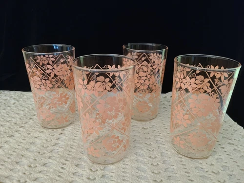 4 MCM PINK FLORAL TUMBLER GLASSES 4.75" X 2" ANCHOR HOCKING VINTAGE