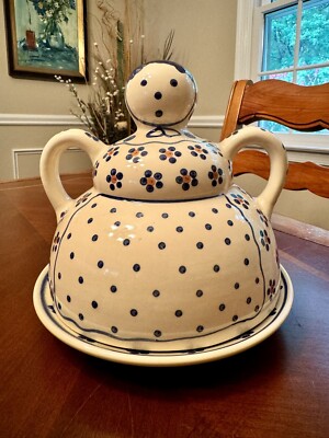 Vintage Boleslawiec Polish Pottery Woman Lady Cheese Butter Lidded Dish  Daisy