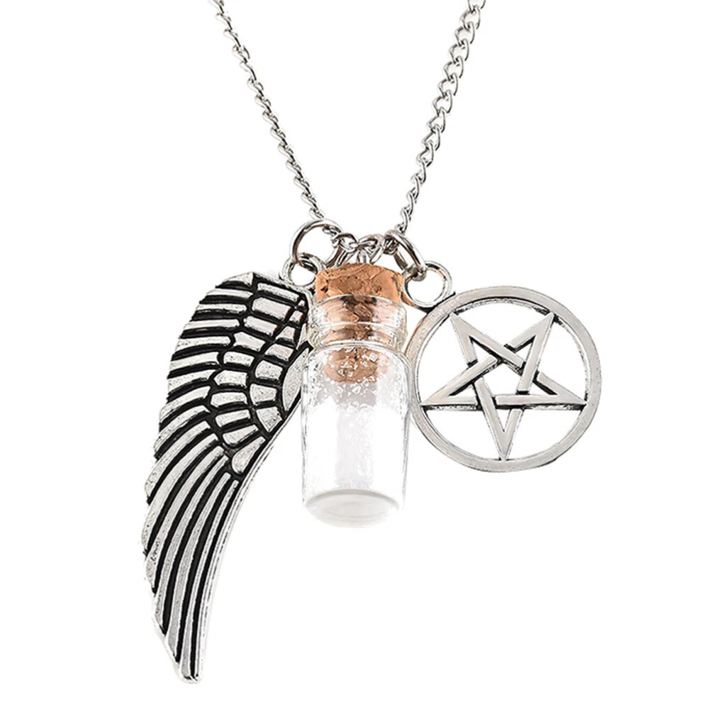 Glass Pentagram Angel Wings Christmas Pendant Necklace Women Alloy