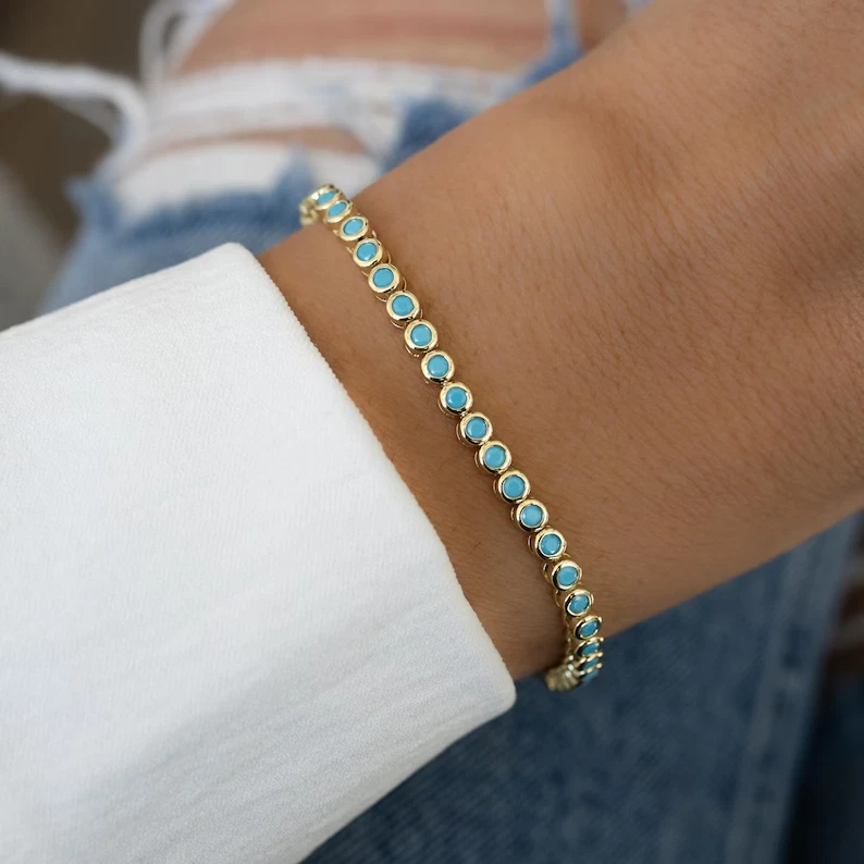 3mm Round Cut Lab-Created Turquoise Bezel Tennis Bracelet 14K Yellow Gold Plated - Image 2 of 4