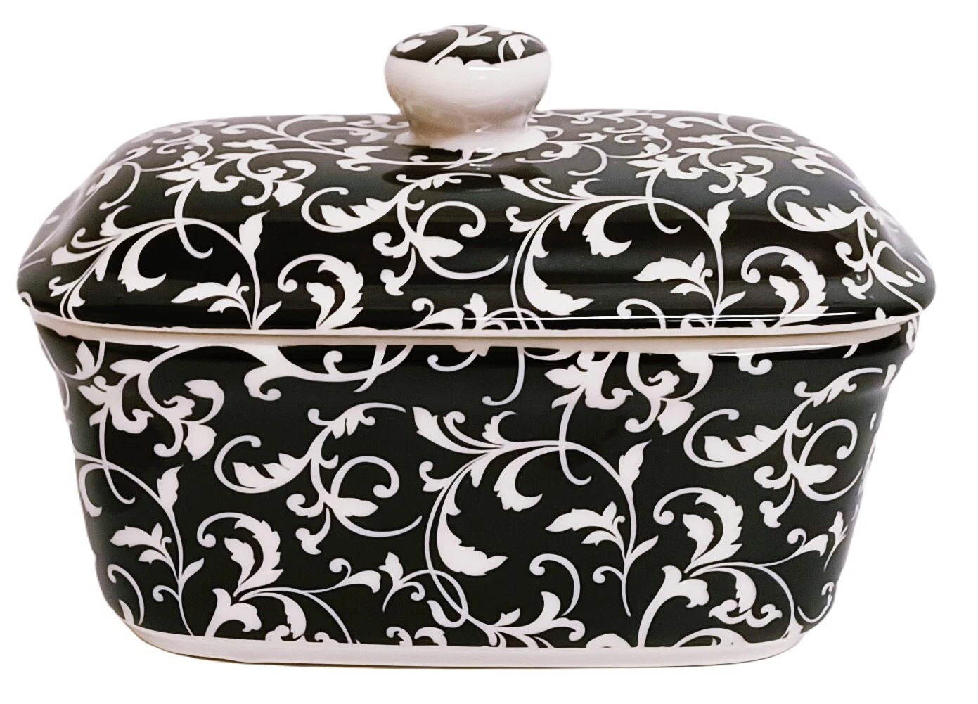 Venetian Black Butter Dish Exclusive Bone China Black White Floral Leaves Swirl
