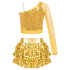 Girls Dance Costume Sheer Mesh One Shoulder Shiny Crop Top with Metallic Skirt