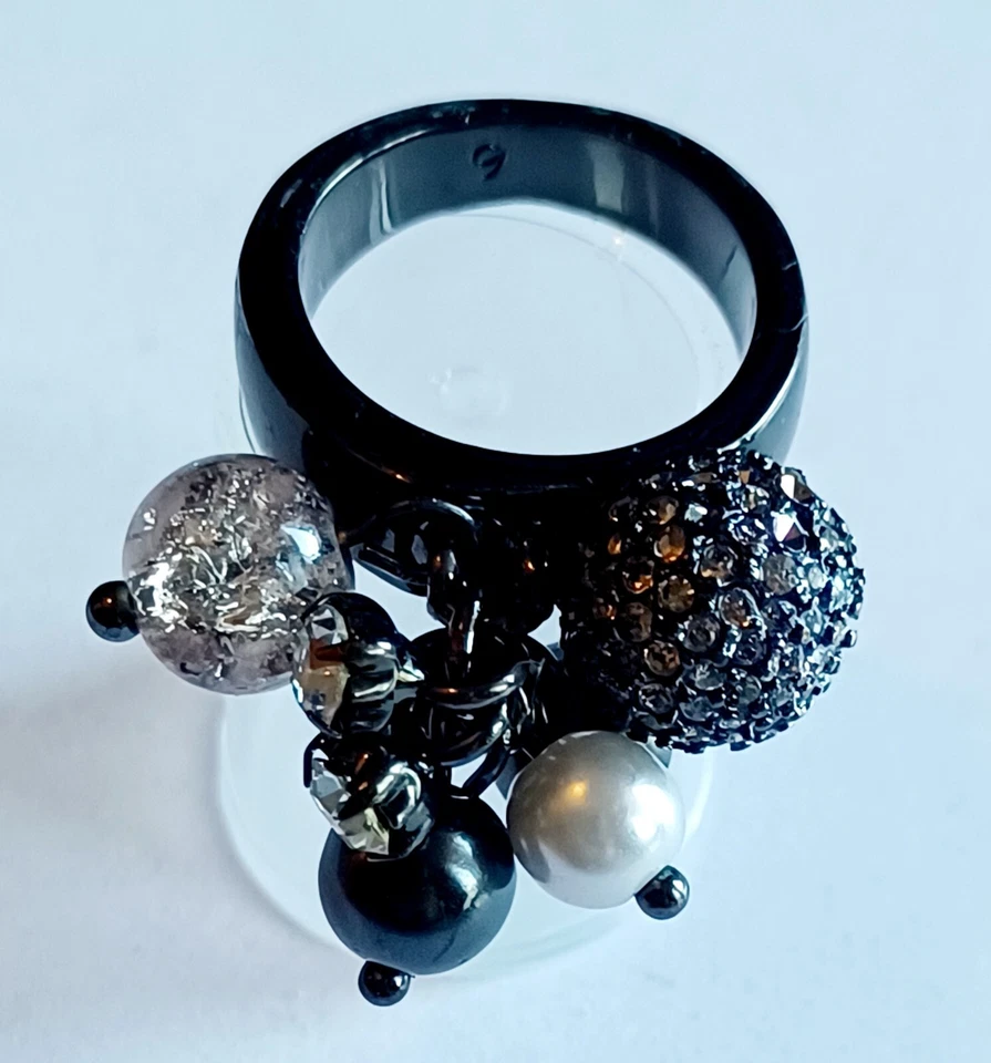 Titanium Dark Metal Black Faux Pearl Rhinestone Cocktail Statement Ring Size 5 - Image 2 of 4