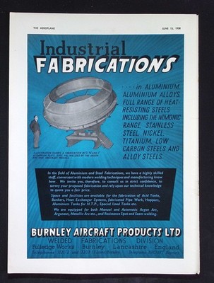Original 1958 Advert Burnley Aircraft Products Ltd Industrial Fabrications