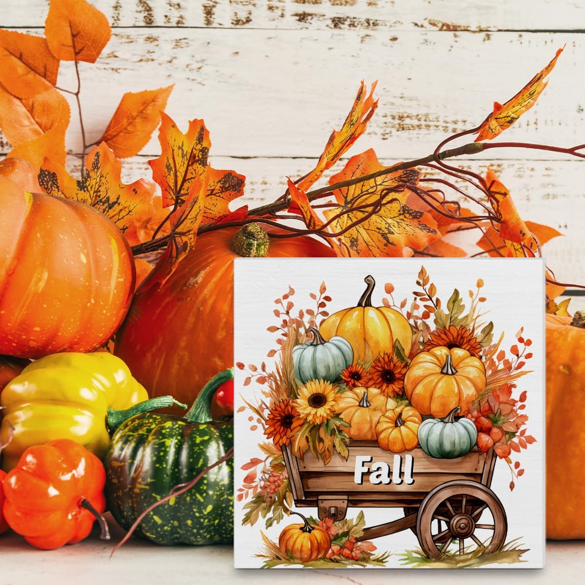 как выглядит Fall Decorations Pumpkins Flowers Wooden Block Sign Indoor Tabletop Gift фото