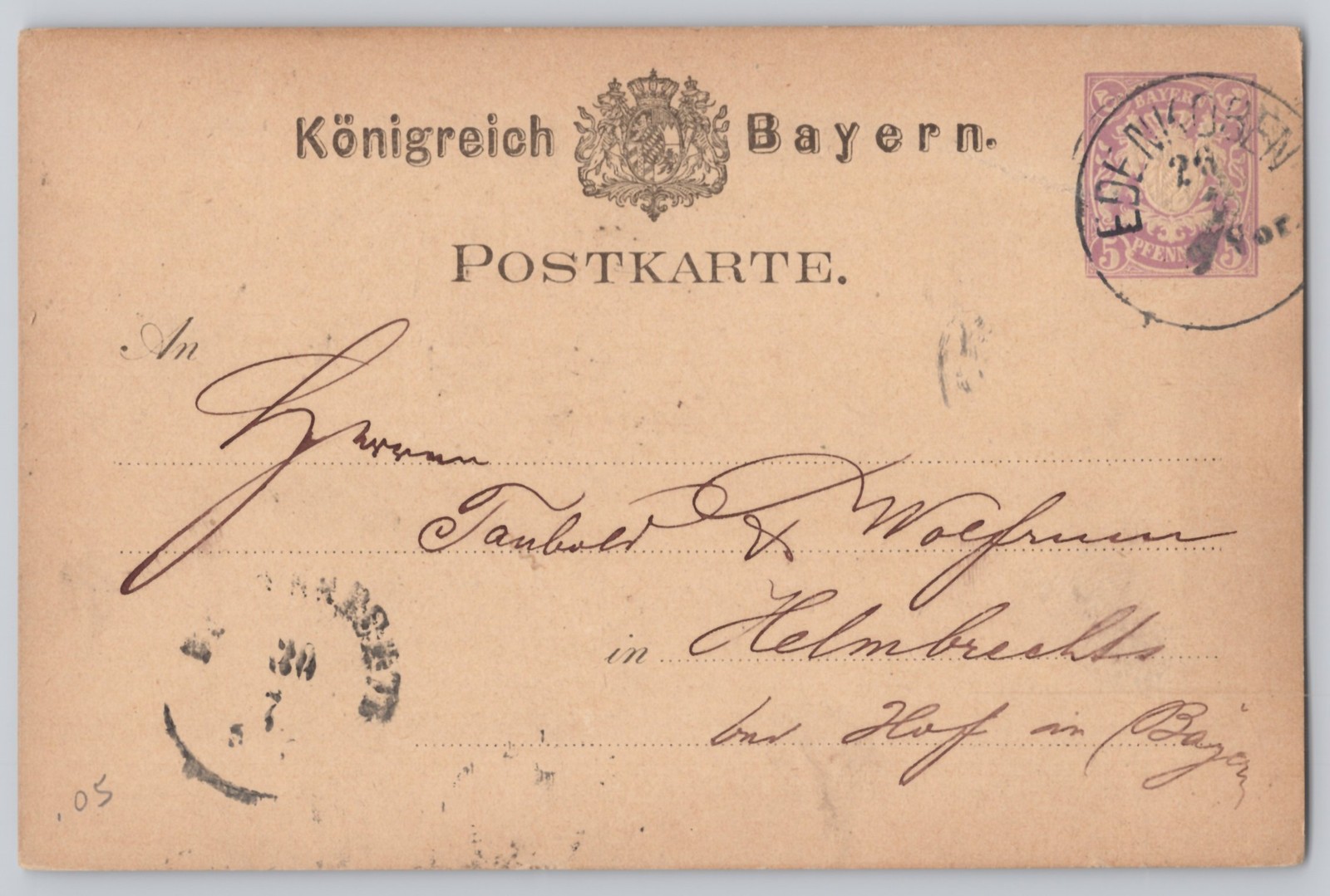 Helmbrechts, Germany Knigreich Bayern crest, 5pf stamp, Undivided Back postal