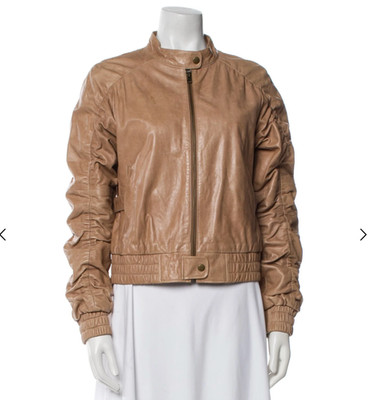 $697 ALICE + OLIVIA Bree Leather Bomber w/ Ruched Sleeves in Camel EUC/sz S