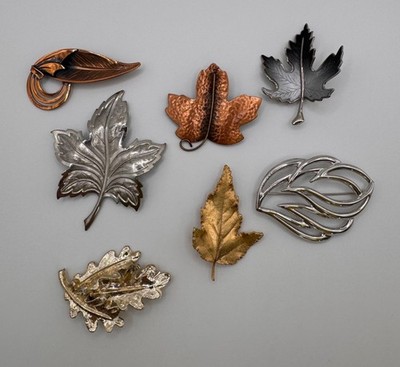 Vintage Leaf Brooch Lot Monet Signed Mixed Metal Gold Silver Copper 7pc
