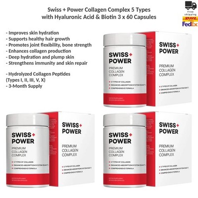 Swiss + Power Collagen Complex 5 Types mit Hyaluronsäure & Biotin Kapseln x3