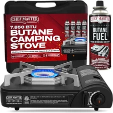 Chef Master Portable Butane Camping Stove, Piezo Ignition 7,650 BTU Output, Wind