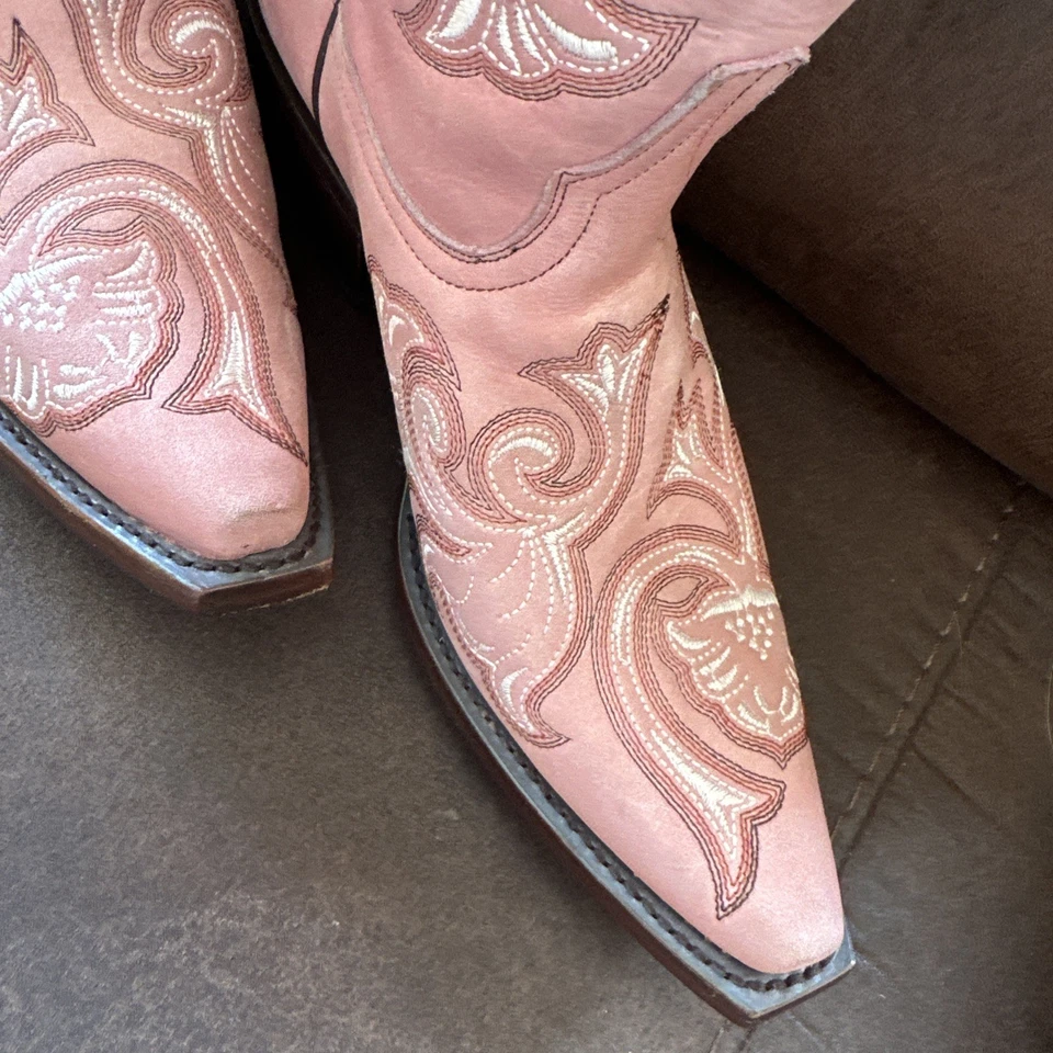 Corral Pink Floral Overlay embroidered Cowgirl Boots Size 8 - Image 3 of 4