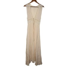 Ivory Boho Sheer Crochet Lace Tie Front Sleeveless Long Duster Festival Size S