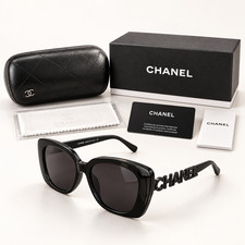Chanel Women Sunglasses Black Crystal Letter Gray Lens Luxury Shades