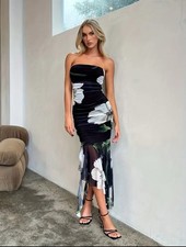 Ladies Fashion Floral Bandeau Dress-Asymmetrical Hem Perfect for Parties Events