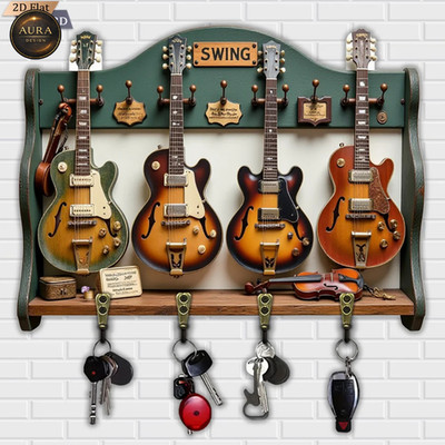 Wand Schlüsselanhänger 30cm - 4 Gitarren Retro Organizer 2D 4 Haken Eingang
