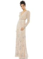 Mac Duggal 10769 Sz 16 Beige A-line Floral Embellished Puff Shoulder Gown $598