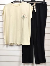 LADIES QUALITY JERSEY CREAM TOP WITH BLACK PYJAMA SET UK SIZE 16/18