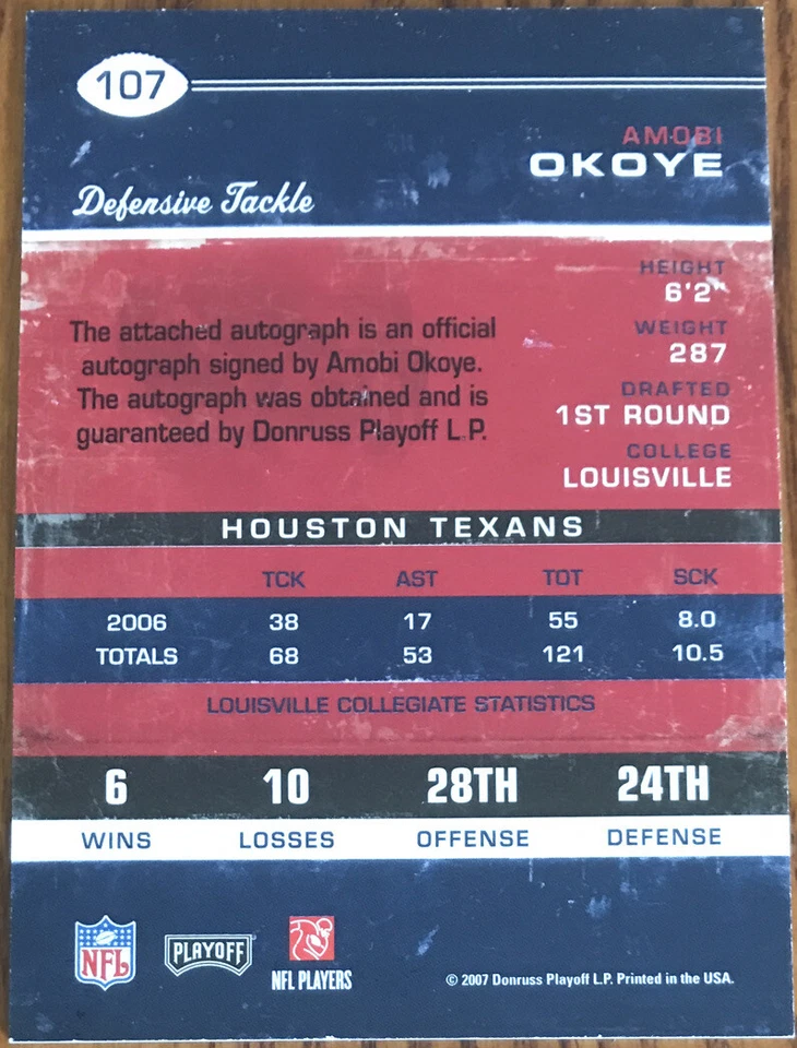 2007 Playoff Contenders Rookie Autograph Amobi Okoye #107 Houston Texans - Image 2 of 2