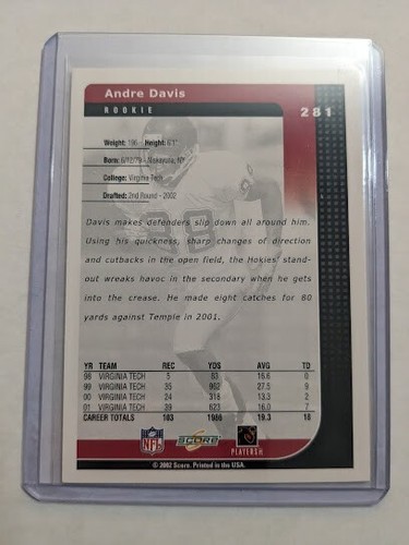 2002 Score ANDRE DAVIS RC #281 VIRGINIA TECH HOKIES - Picture 2 of 2